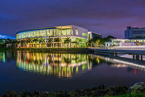 The Student Center at the University of Miami Coral Gables campus at night